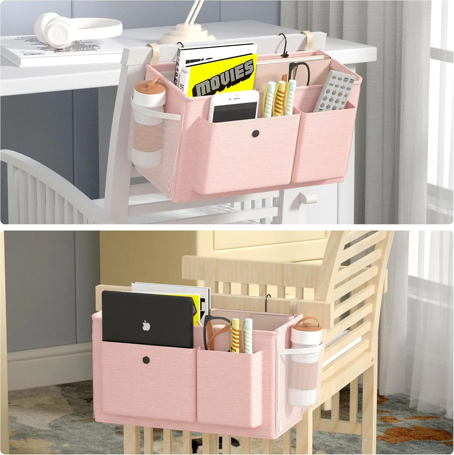 Bedside Caddy Bedside Organizer with Fixed Straps & Water Bottle Holder, Bunk Bed Caddy ideal for Home, Dorm, Hospital, Crib, Versatile Bedside Storage Solution (Pink 2pcs)
