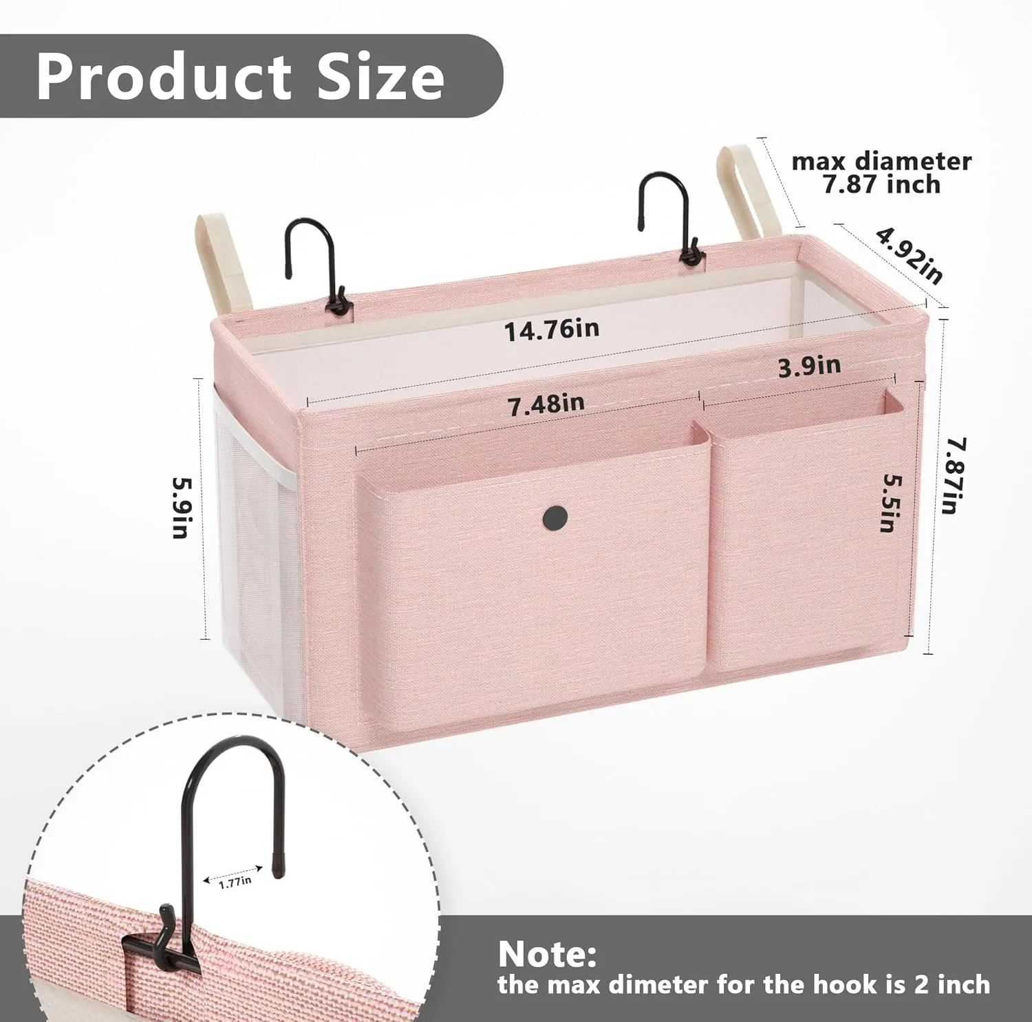 Bedside Caddy Bedside Organizer with Fixed Straps & Water Bottle Holder, Bunk Bed Caddy ideal for Home, Dorm, Hospital, Crib, Versatile Bedside Storage Solution (Pink 2pcs)