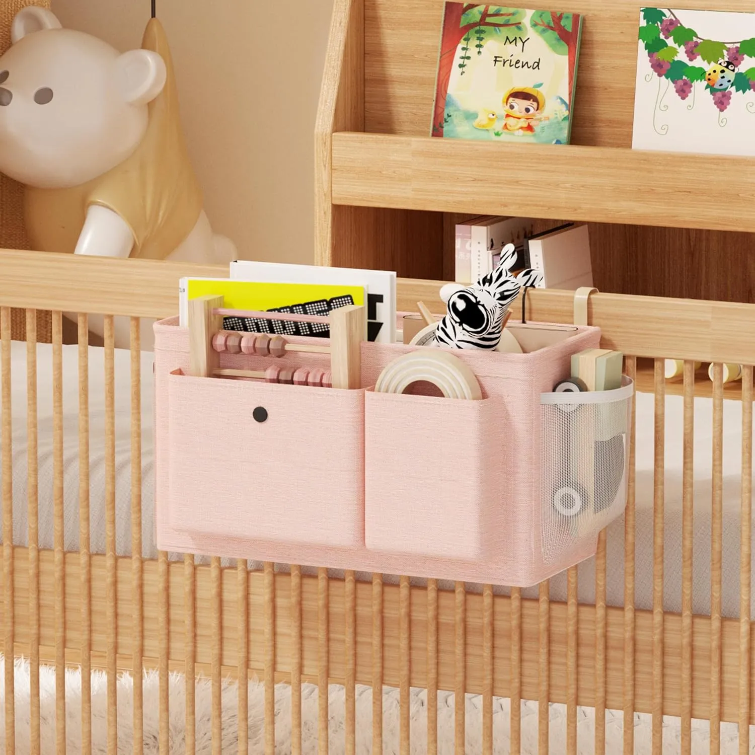 Bedside Caddy Bedside Organizer with Fixed Straps & Water Bottle Holder, Bunk Bed Caddy ideal for Home, Dorm, Hospital, Crib, Versatile Bedside Storage Solution (Pink 2pcs)