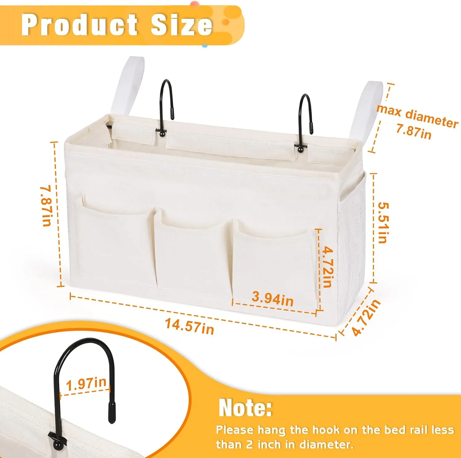 Bedside Caddy Organizer with Fixed Straps and Water Bottle Holder for Home, College Dorm, Hospital, Crib and Bunk Bed (2pcs White)
