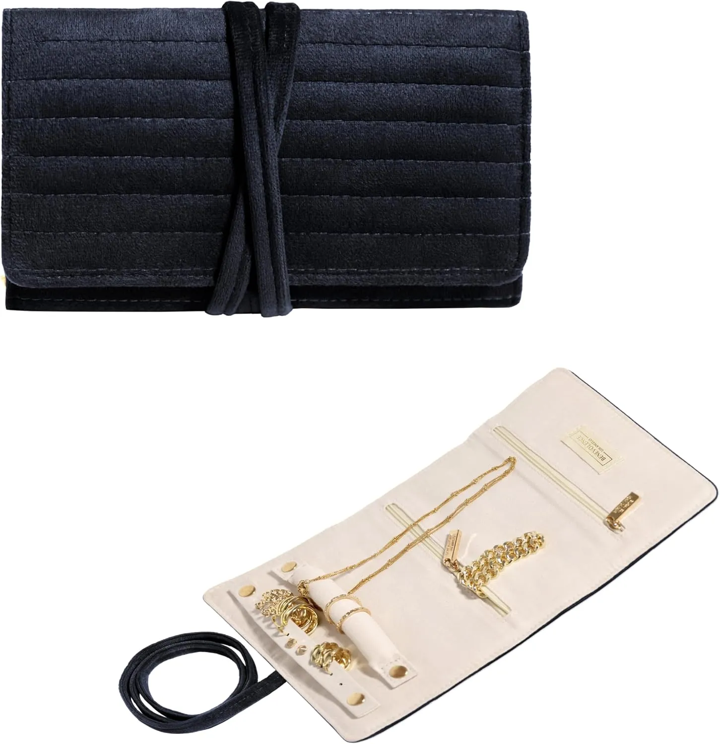 Benevolence LA Travel Jewelry Roll Organizer | Velvet Case for Organizing Accessories for Women, Necklaces, Rings, and Bracelets, Gift Ideas for Her - Ebony