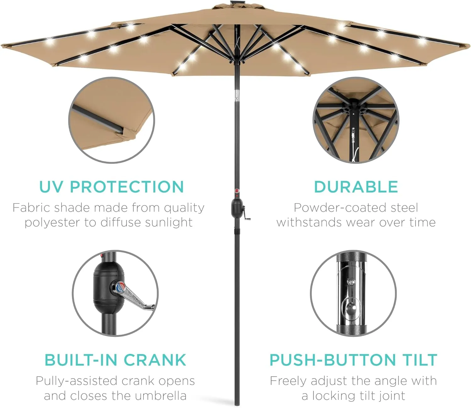 Best Choice Products 10ft Solar Polyester LED Lighted Patio Umbrella w/Tilt Adjustment and UV-Resistant Fabric - Tan