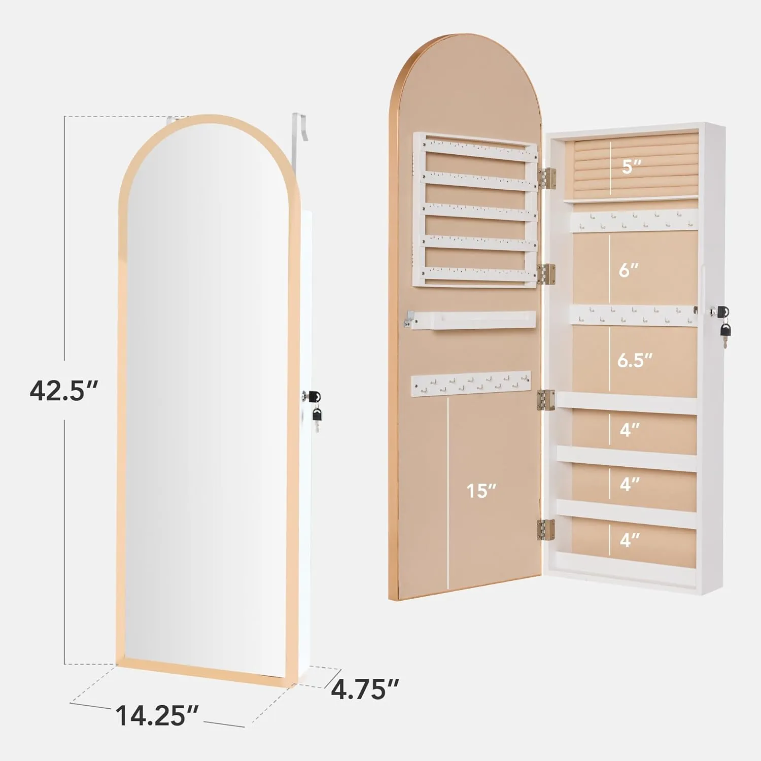 Best Choice Products Arch Mirror Jewelry Cabinet, Jewelry Storage Organizer, Armoire, Lockable Wall or Door Mountable, Full-Length Mirror - Gold