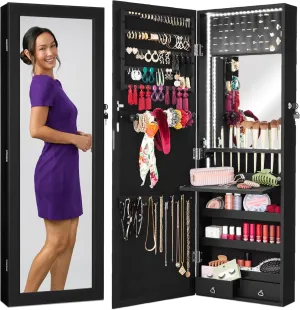 Best Choice Products LED Mirror Jewelry Cabinet, Tall Lockable Wall or Door Mounted Jewelry Armoire Organizer with Mirror, 2 Drawers, Lock, Cosmetic Tray, Shelves - Black