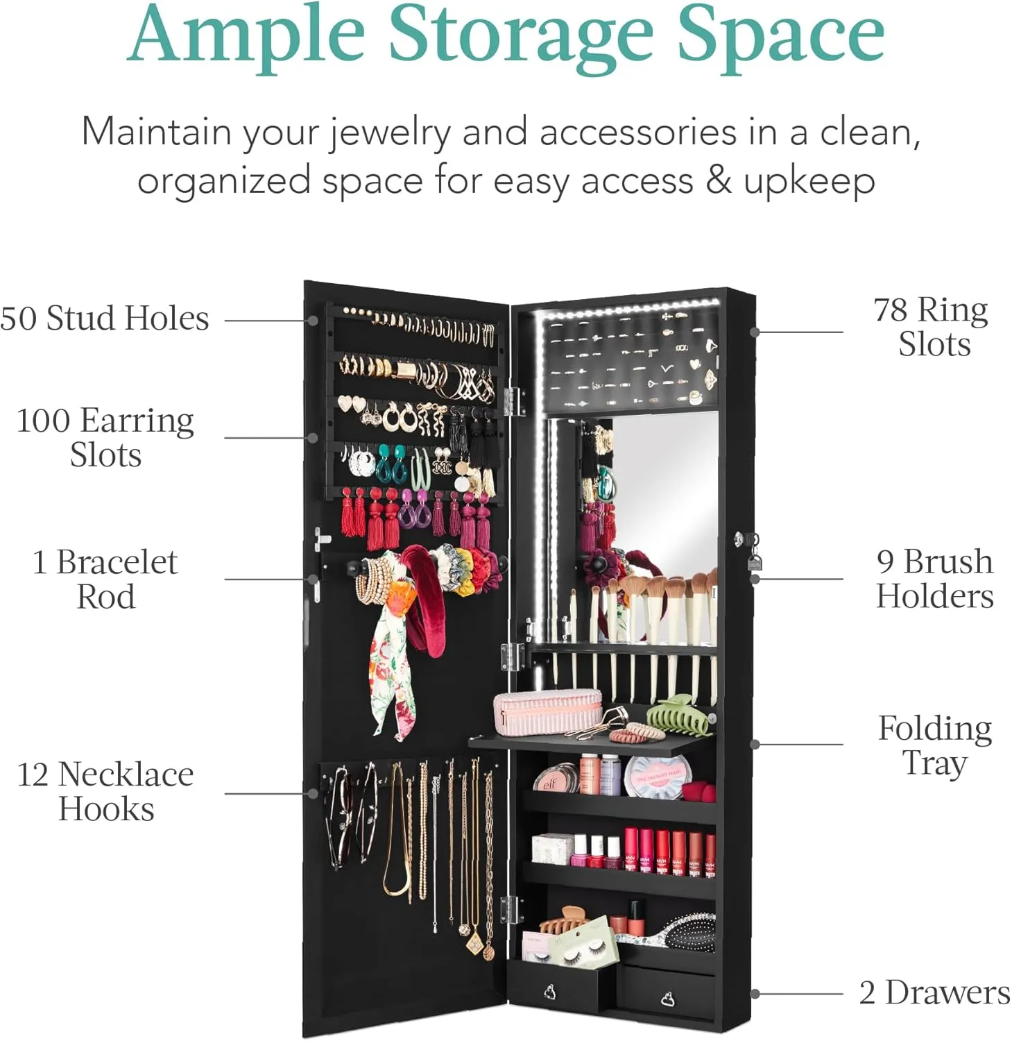 Best Choice Products LED Mirror Jewelry Cabinet, Tall Lockable Wall or Door Mounted Jewelry Armoire Organizer with Mirror, 2 Drawers, Lock, Cosmetic Tray, Shelves - Black
