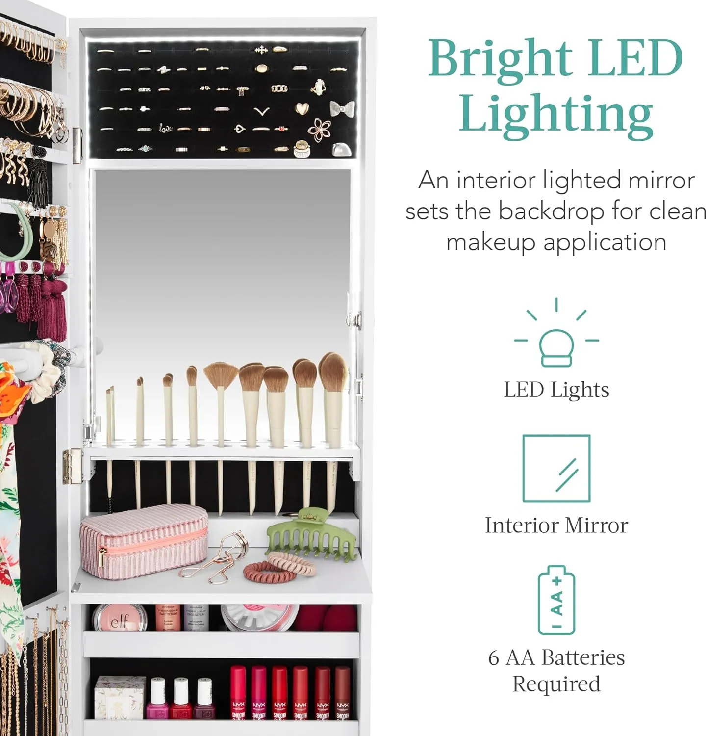 Best Choice Products LED Mirror Jewelry Cabinet, Tall Lockable Wall or Door Mounted Jewelry Armoire Organizer with Mirror, 2 Drawers, Lock, Cosmetic Tray, Shelves - White