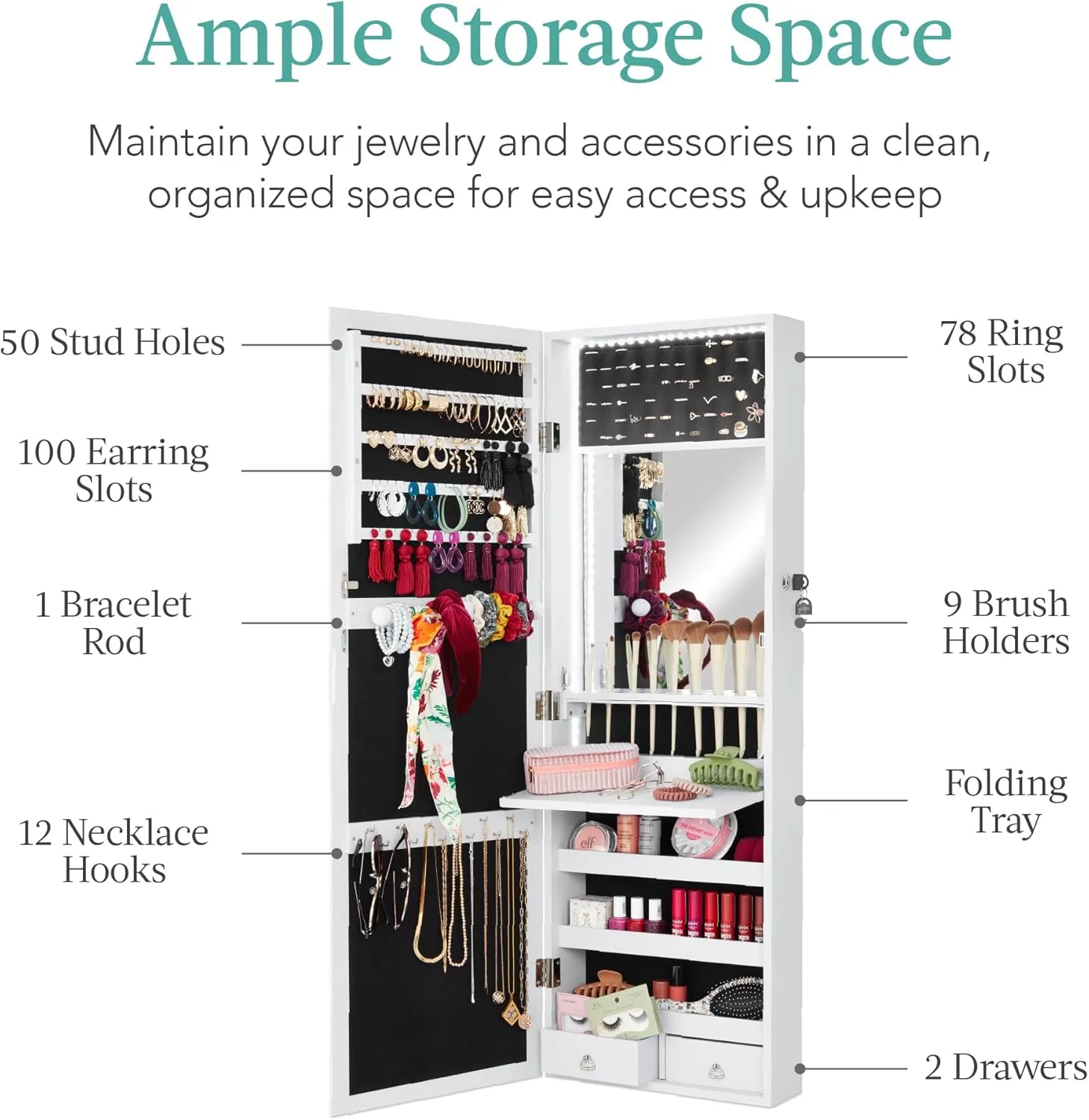 Best Choice Products LED Mirror Jewelry Cabinet, Tall Lockable Wall or Door Mounted Jewelry Armoire Organizer with Mirror, 2 Drawers, Lock, Cosmetic Tray, Shelves - White