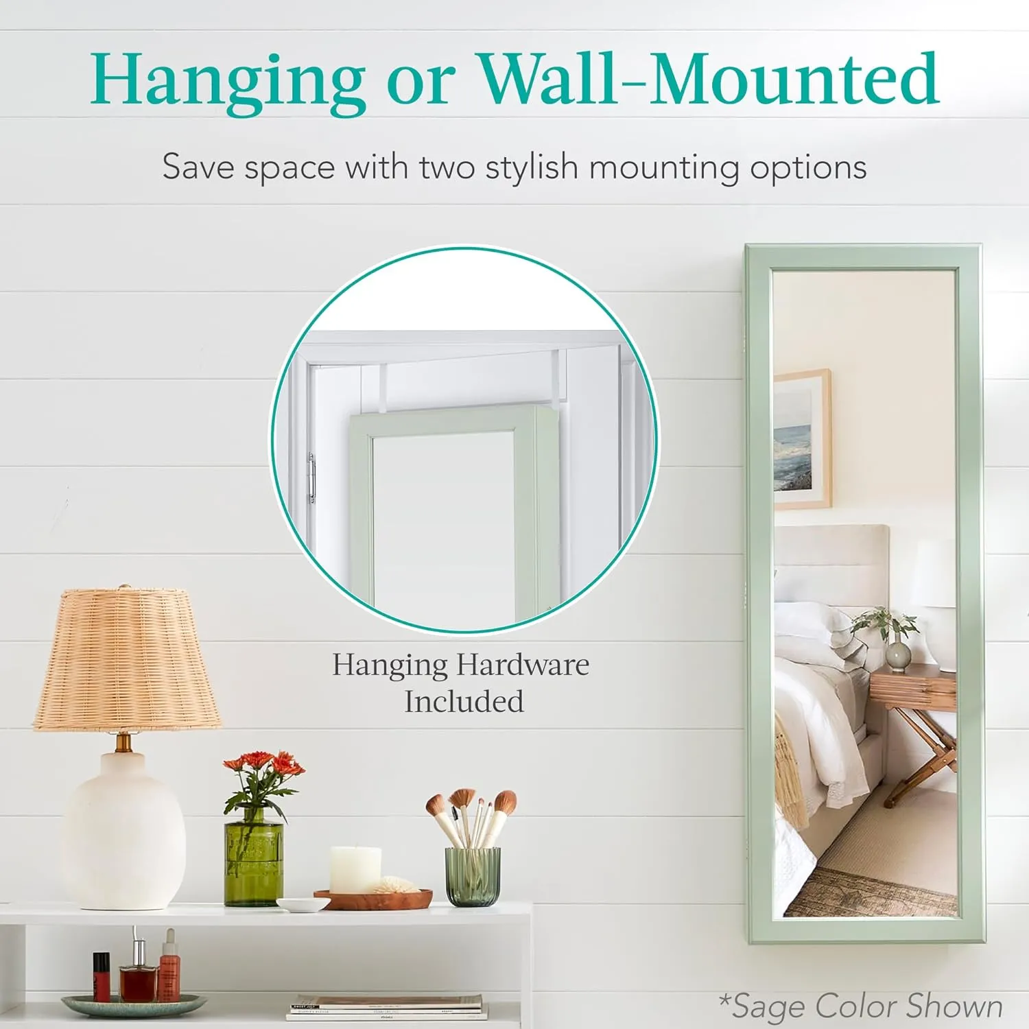 Best Choice Products LED Mirror Jewelry Cabinet, Tall Lockable Wall or Door Mounted Jewelry Armoire Organizer with Mirror, 2 Drawers, Lock, Cosmetic Tray, Shelves - White
