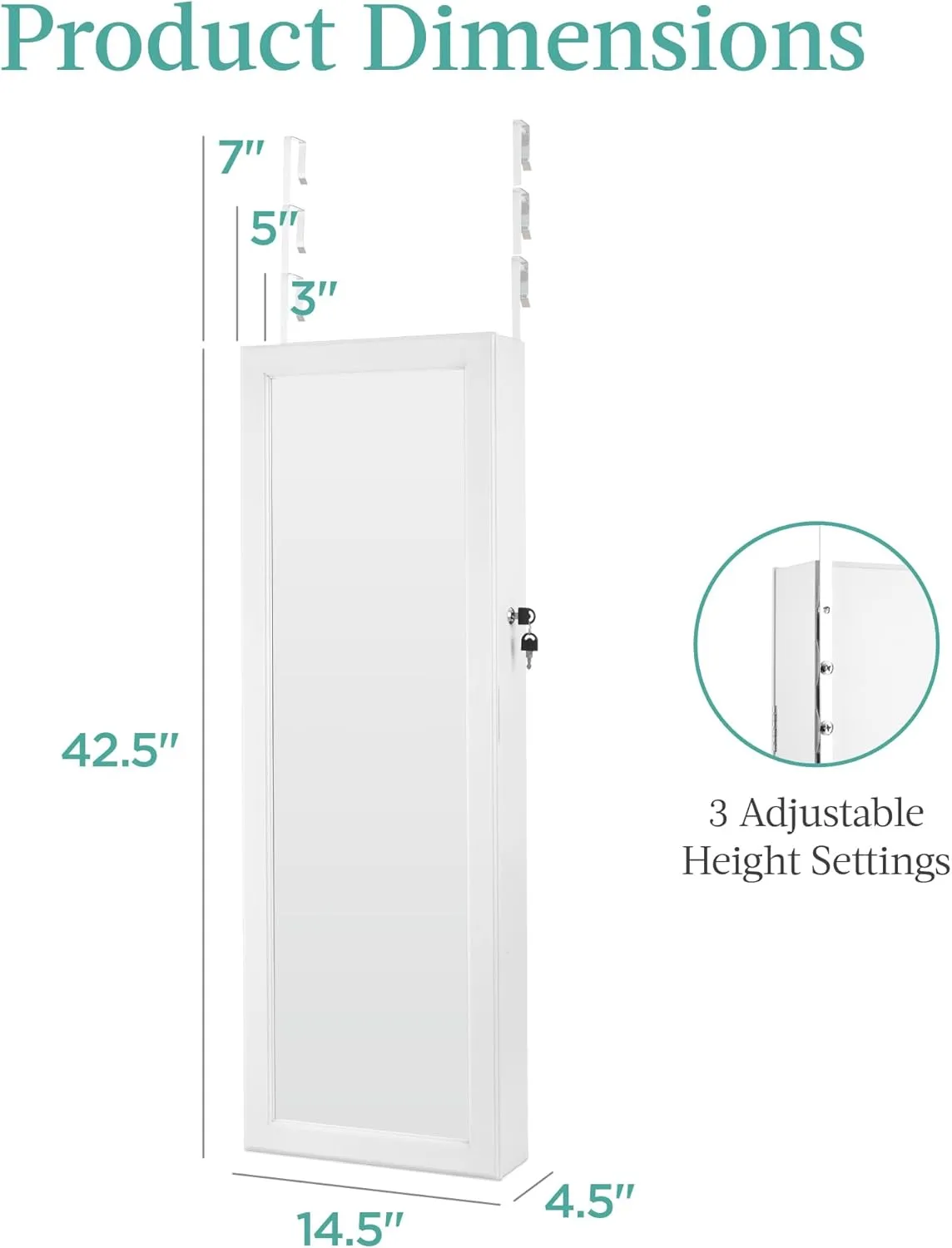 Best Choice Products LED Mirror Jewelry Cabinet, Tall Lockable Wall or Door Mounted Jewelry Armoire Organizer with Mirror, 2 Drawers, Lock, Cosmetic Tray, Shelves - White