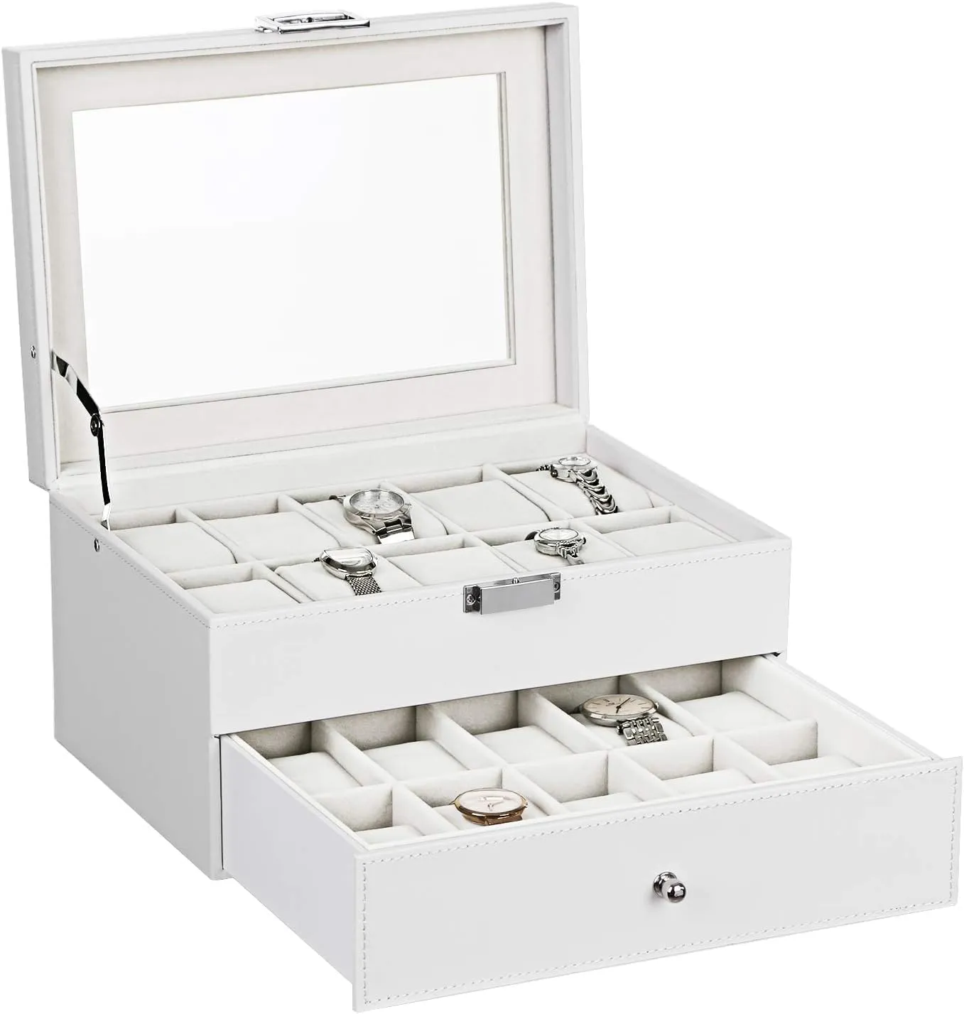 BEWISHOME Watch Box Organizer 20 Slots Men Watch Case Display Storage Holder Metal Hinge White PU Leather Glass Top Large Holder, White SSH04W