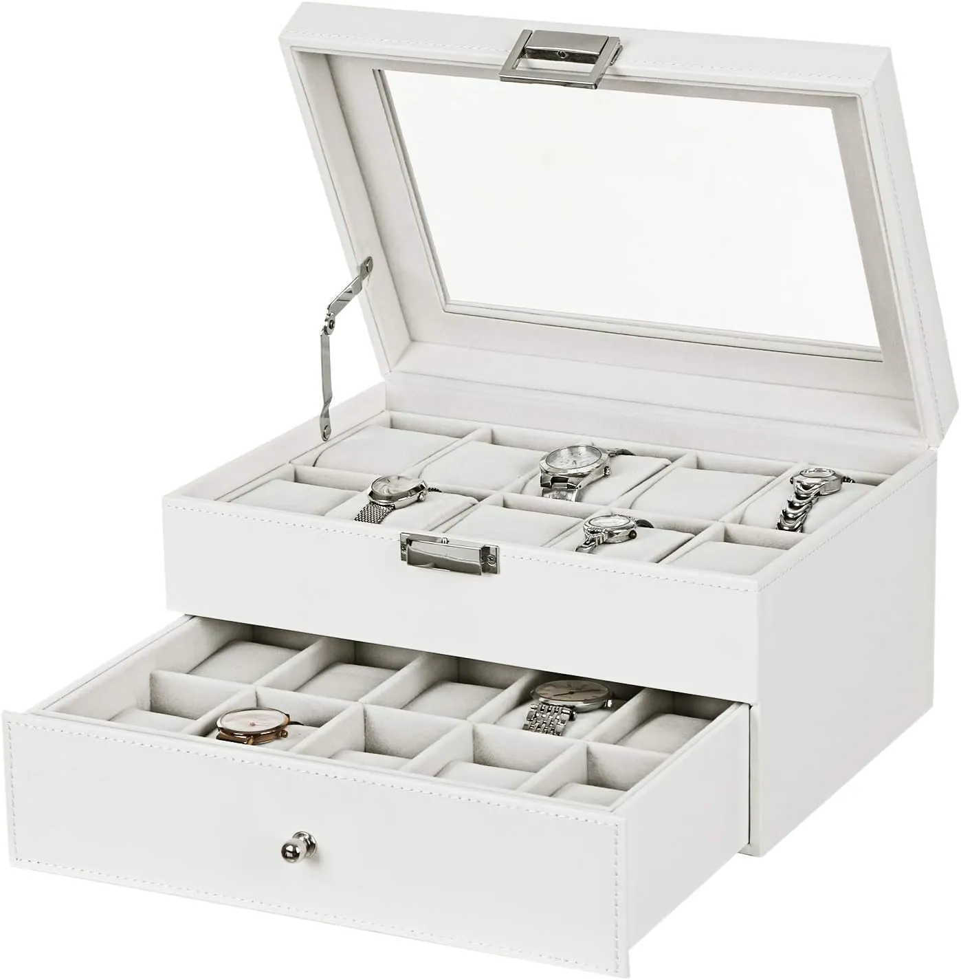BEWISHOME Watch Box Organizer 20 Slots Men Watch Case Display Storage Holder Metal Hinge White PU Leather Glass Top Large Holder, White SSH04W