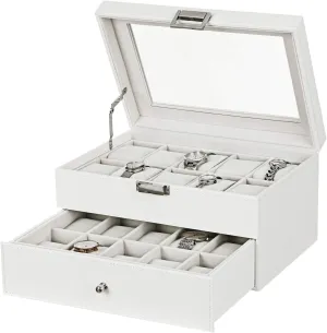 BEWISHOME Watch Box Organizer 20 Slots Men Watch Case Display Storage Holder Metal Hinge White PU Leather Glass Top Large Holder, White SSH04W