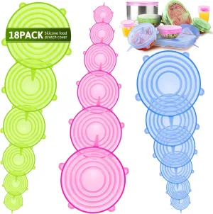 BFONS 18 Pack Silicone Stretch Lids, 6 Different Sizes, 100% Safe Food Grade Silicone to Meet Most Container, Microwave Cover for Food Storage, Can/ Bowl Covers