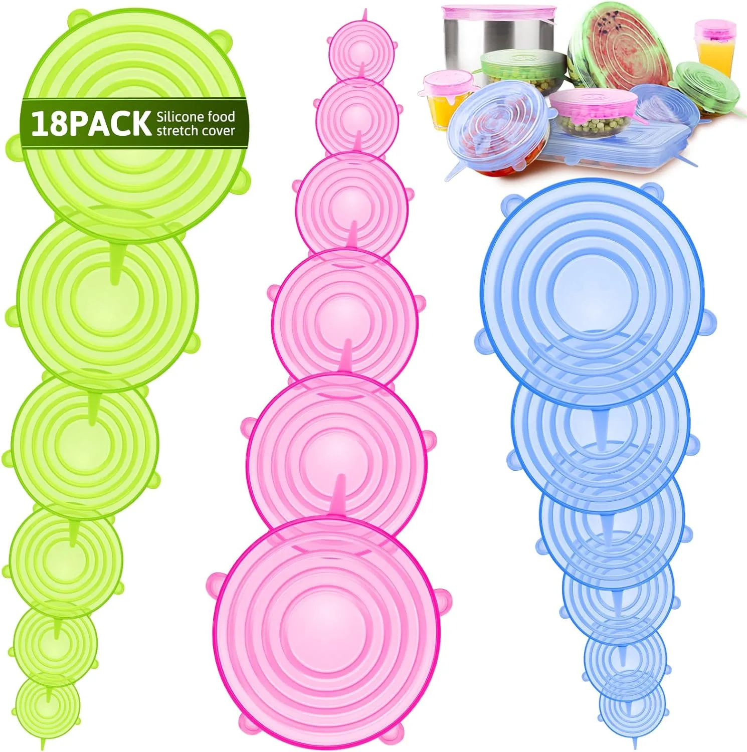 BFONS 18 Pack Silicone Stretch Lids, 6 Different Sizes, 100% Safe Food Grade Silicone to Meet Most Container, Microwave Cover for Food Storage, Can/ Bowl Covers