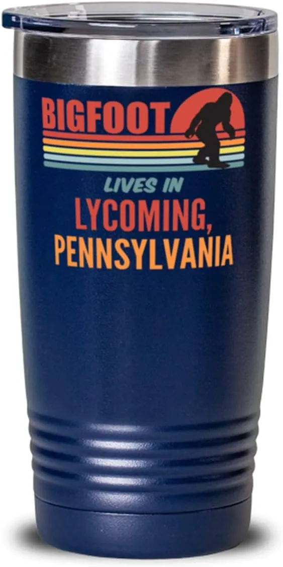Bigfoot, Bigfoot Lives In Lycoming Pennsylvania Coffee Tumbler 20oz, Blue