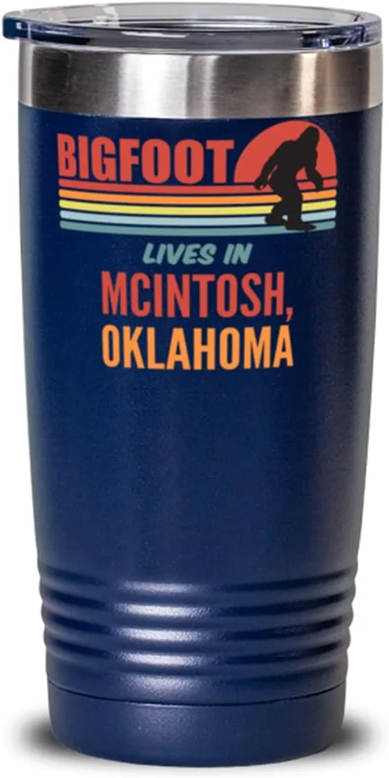 Bigfoot, Bigfoot Lives In McIntosh Oklahoma Coffee Tumbler 20oz, Blue