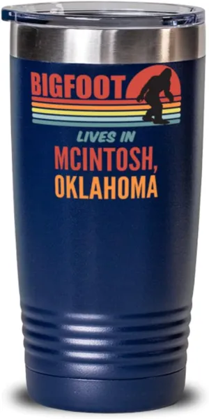 Bigfoot, Bigfoot Lives In McIntosh Oklahoma Coffee Tumbler 20oz, Blue