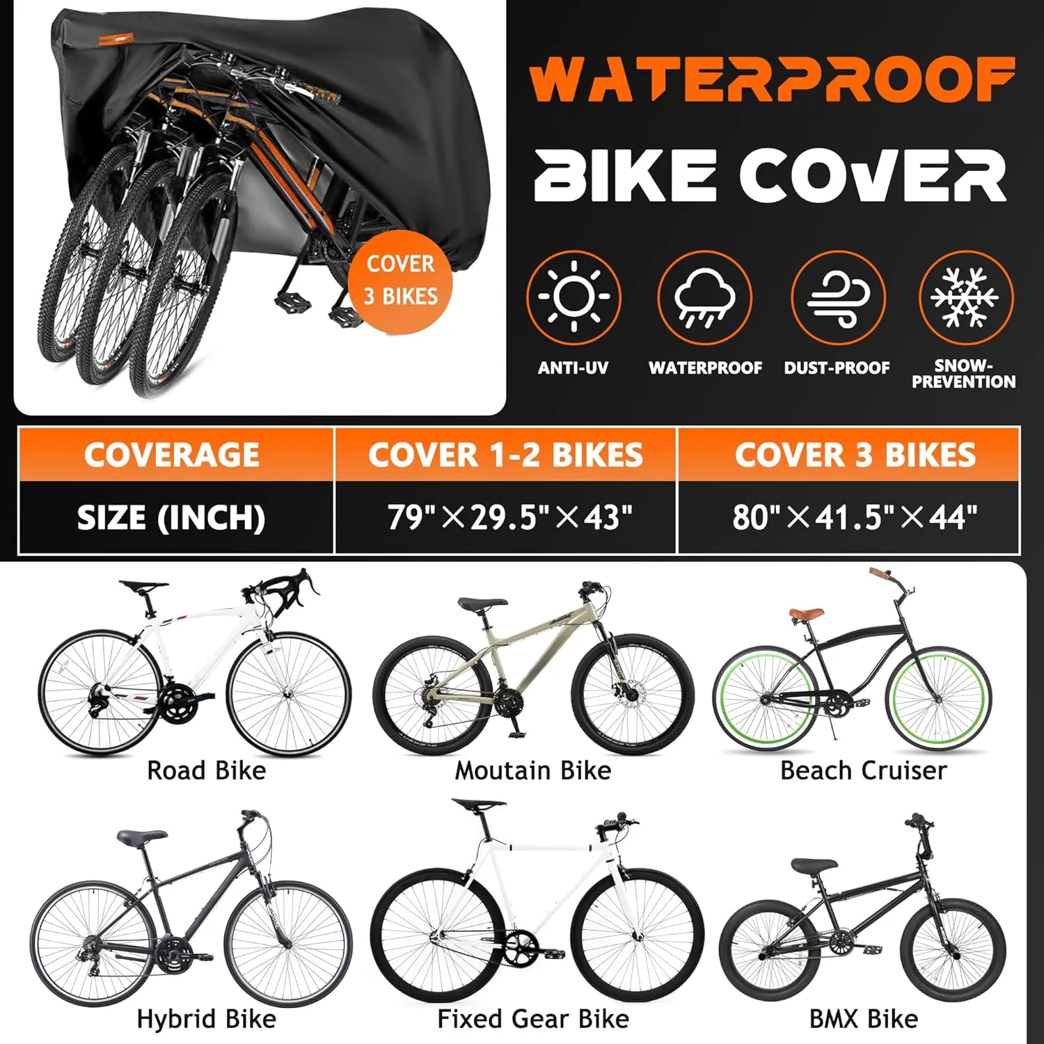 Bike Cover - Fits 3 Bikes, Durable Nylon Fabric, UV Resistant & Dustproof, Outdoor Storage