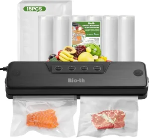 Bio-th Food Vacuum Sealer Machine – Fast & Compact Multi-Functional Vacuum Sealer for Food Storage – Dry & Wet Modes – Includes 15pcs Large Bags (25x30cm)   6 Rolls – Food Saver Vacuum Sealer Machine