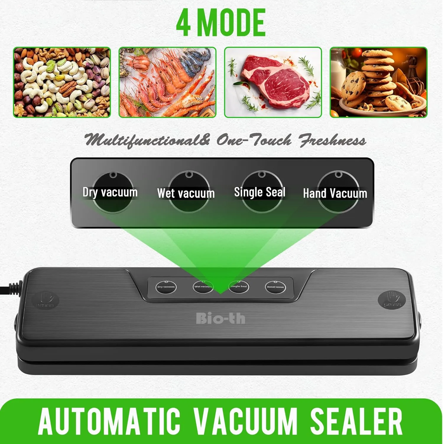 Bio-th Food Vacuum Sealer Machine – Fast & Compact Multi-Functional Vacuum Sealer for Food Storage – Dry & Wet Modes – Includes 15pcs Large Bags (25x30cm)   6 Rolls – Food Saver Vacuum Sealer Machine