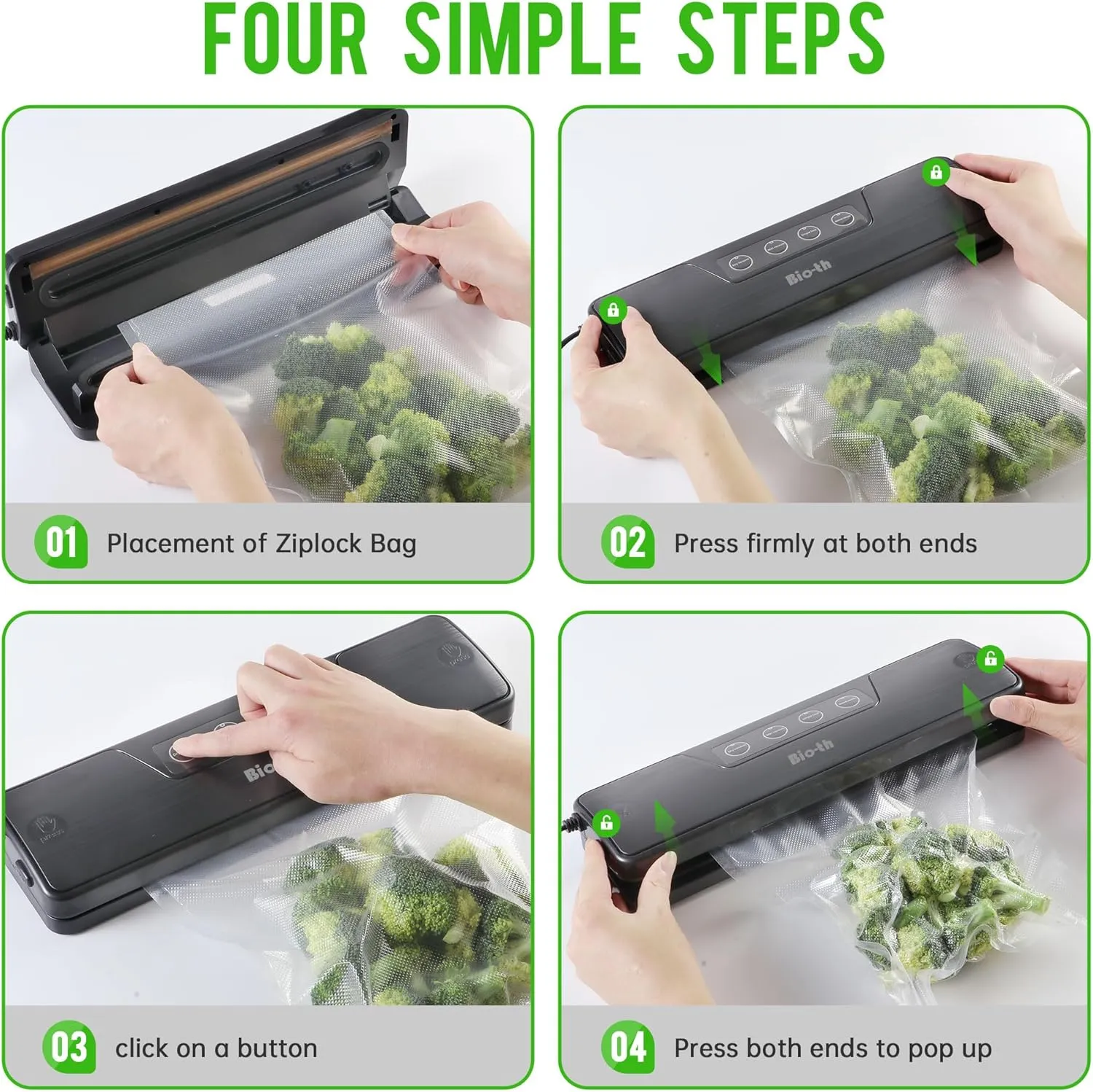 Bio-th Food Vacuum Sealer Machine – Fast & Compact Multi-Functional Vacuum Sealer for Food Storage – Dry & Wet Modes – Includes 15pcs Large Bags (25x30cm)   6 Rolls – Food Saver Vacuum Sealer Machine