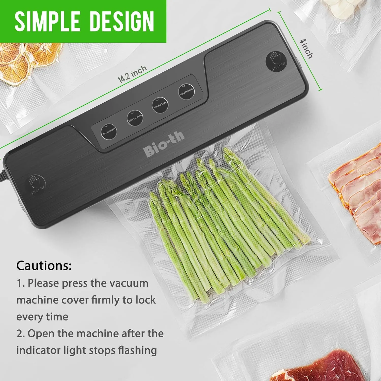 Bio-th Food Vacuum Sealer Machine – Fast & Compact Multi-Functional Vacuum Sealer for Food Storage – Dry & Wet Modes – Includes 15pcs Large Bags (25x30cm)   6 Rolls – Food Saver Vacuum Sealer Machine