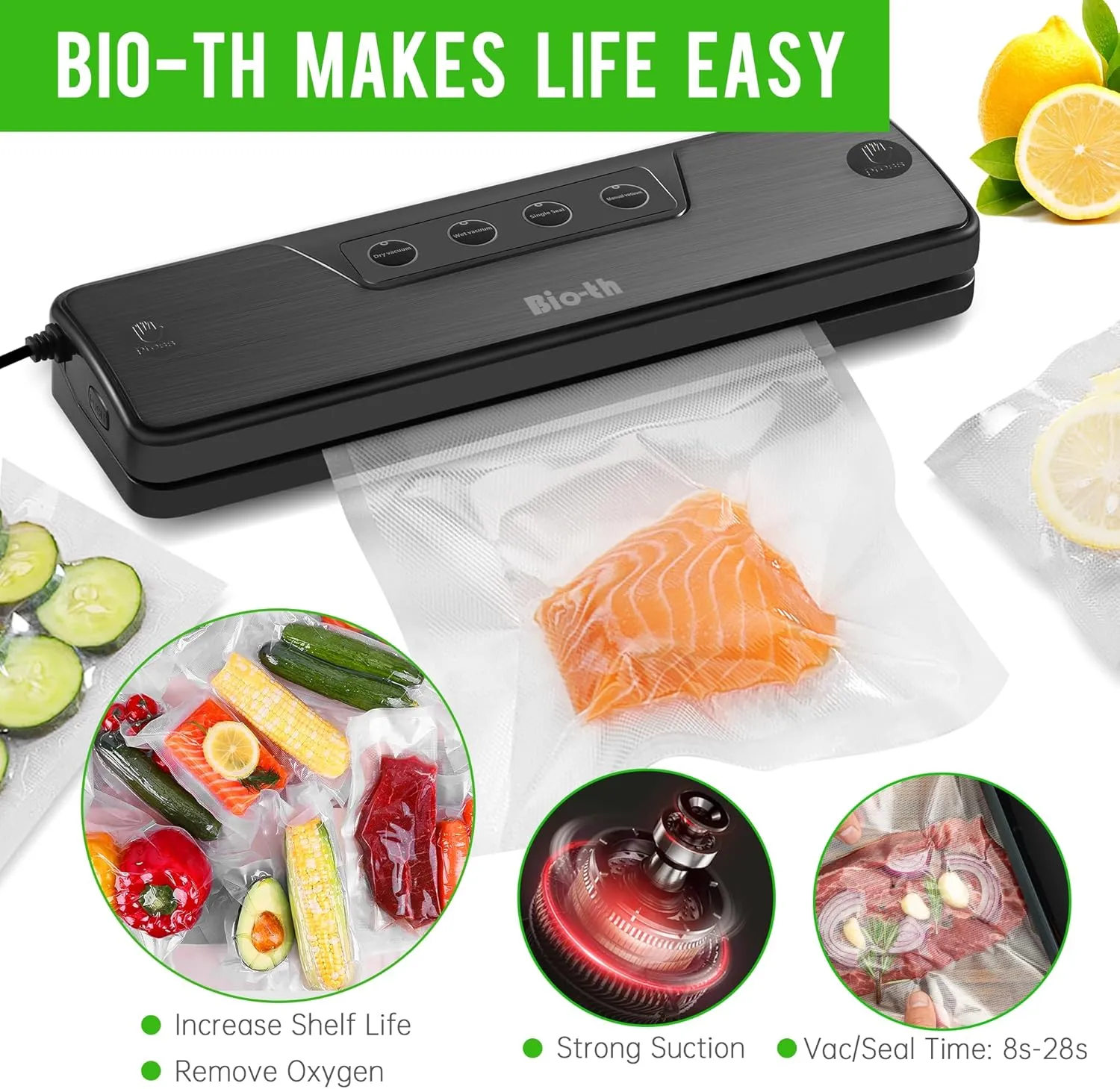 Bio-th Food Vacuum Sealer Machine – Fast & Compact Multi-Functional Vacuum Sealer for Food Storage – Dry & Wet Modes – Includes 15pcs Large Bags (25x30cm)   6 Rolls – Food Saver Vacuum Sealer Machine