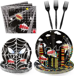 Black Spider Party Tableware - Black Spider Birthday Party Disposable Plates for 24 Guests Spiders Parties Supplies Includes 24 9in and 7in Plates 24 Napkins 24 Forks for Baby Shower