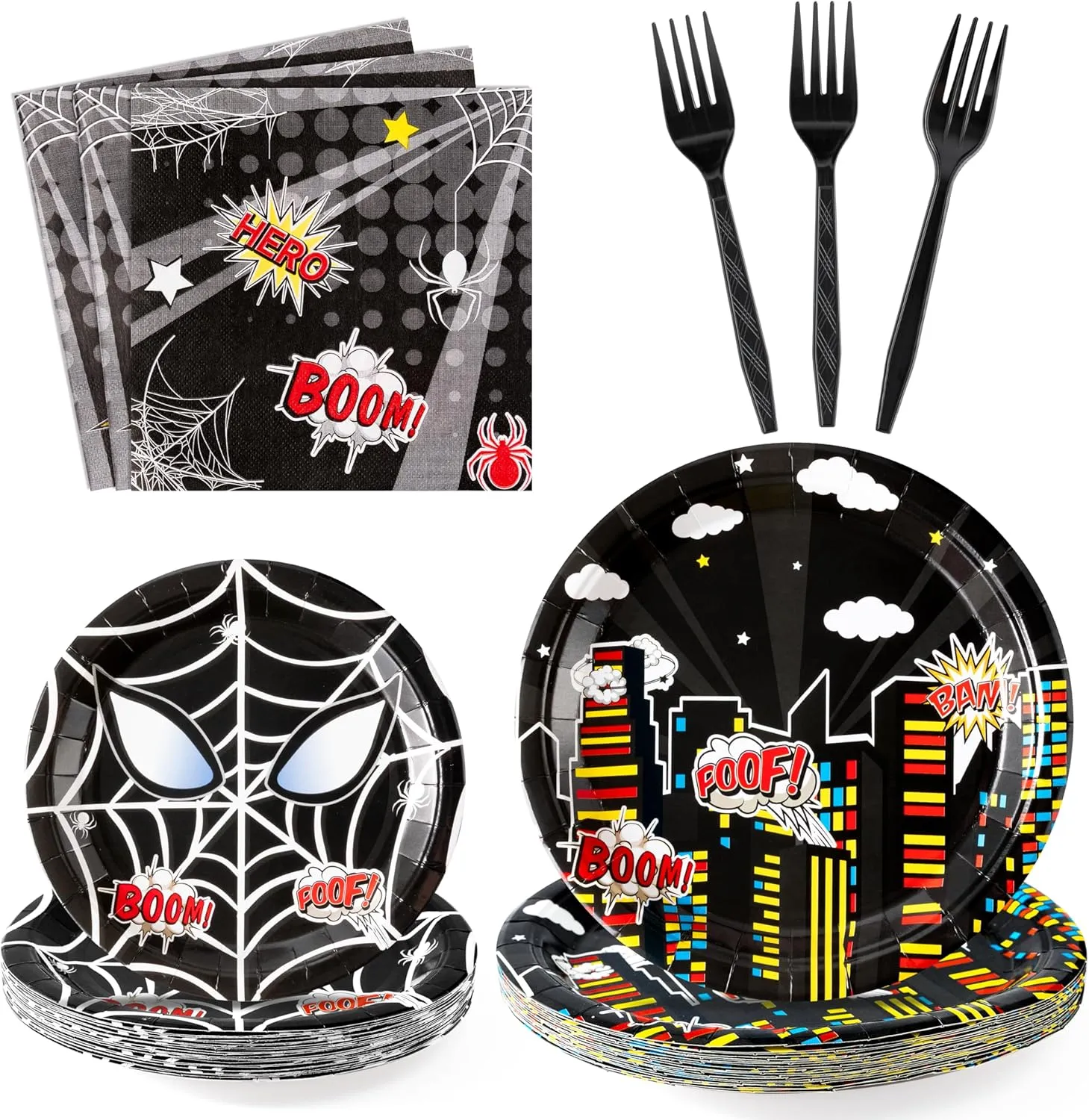 Black Spider Party Tableware - Black Spider Birthday Party Disposable Plates for 24 Guests Spiders Parties Supplies Includes 24 9in and 7in Plates 24 Napkins 24 Forks for Baby Shower