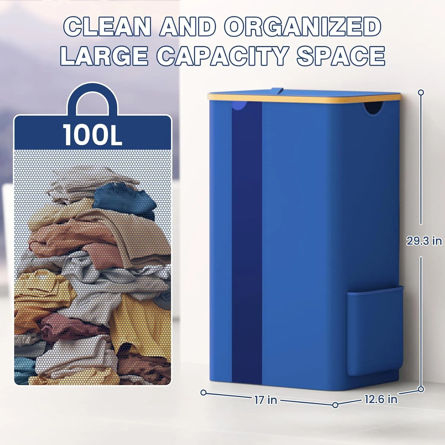 BlissTotes 100L Bamboo Laundry Hamper with Lid, Breathable Mesh Bag & Window, Portable, Moisture Resistant, Blue