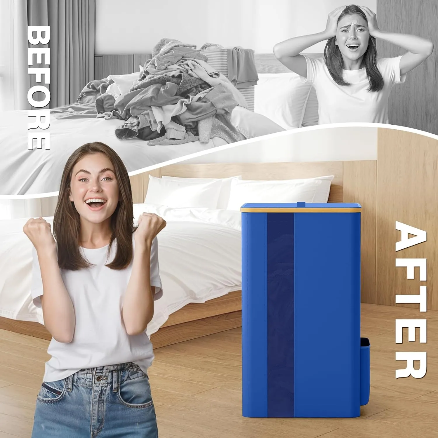 BlissTotes 100L Bamboo Laundry Hamper with Lid, Breathable Mesh Bag & Window, Portable, Moisture Resistant, Blue