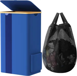 BlissTotes 100L Bamboo Laundry Hamper with Lid, Breathable Mesh Bag & Window, Portable, Moisture Resistant, Blue