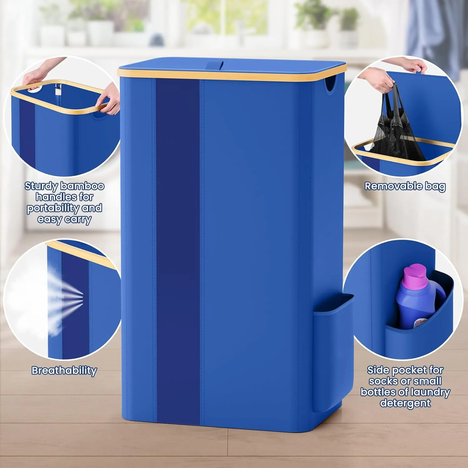 BlissTotes 100L Bamboo Laundry Hamper with Lid, Breathable Mesh Bag & Window, Portable, Moisture Resistant, Blue