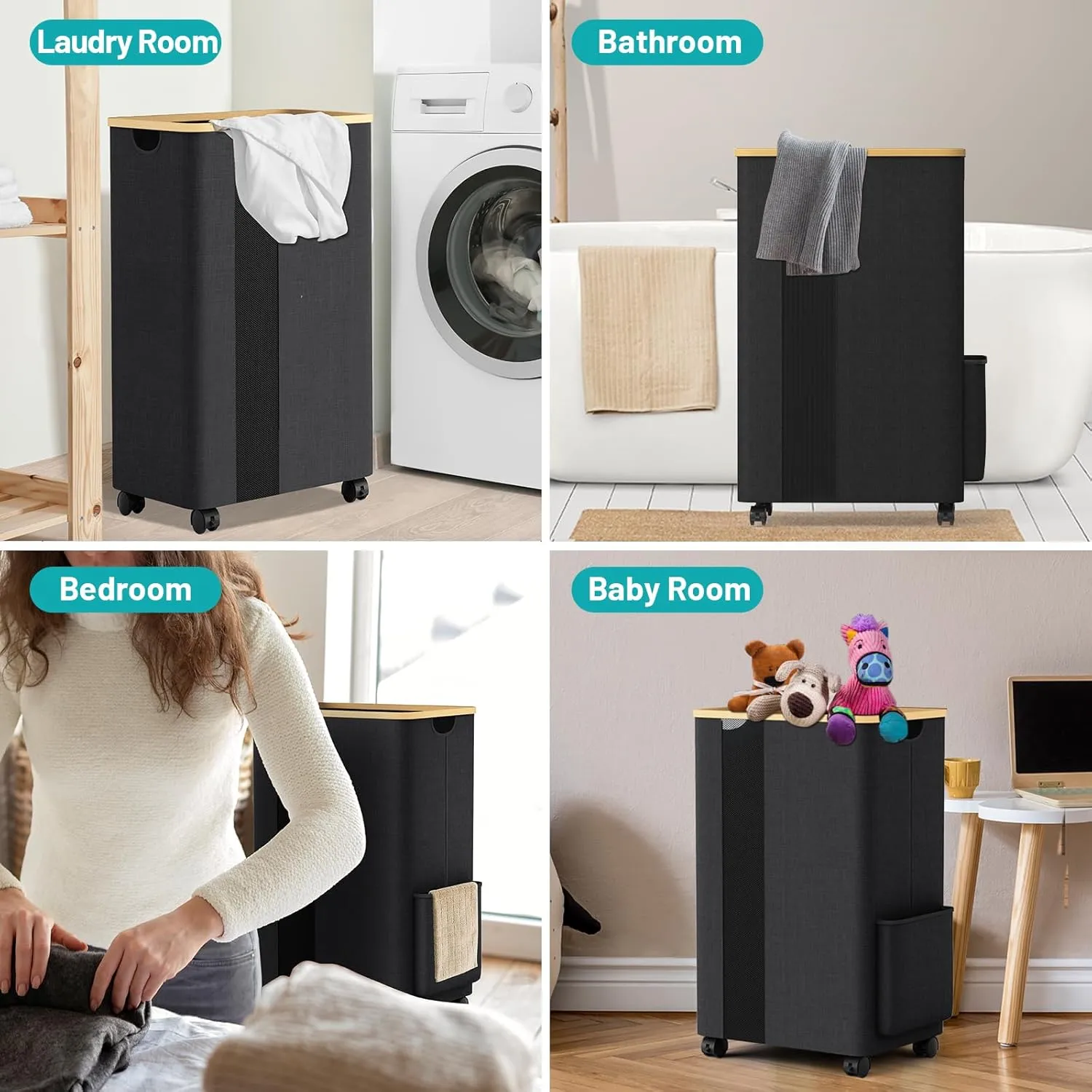 BlissTotes 75L Laundry Basket Slim Laundry Hamper with Wheels Lid, Collapsible Laundry Hampers, Laundry Bin, Clothes Hamper Basket with Internal Support & Handles for Bathroom, Bedroom (Gray)