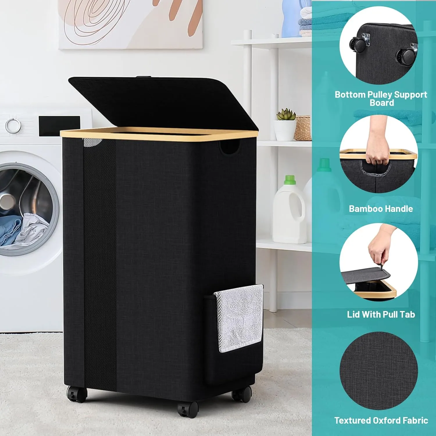BlissTotes Laundry Basket Laundry Hamper with Lid, Collapsible Slim Laundry Hampers, Laundry Bin, Clothes Hamper Basket with Internal Support & Wheels & Handles for Bathroom, Bedroom (75L, Black)