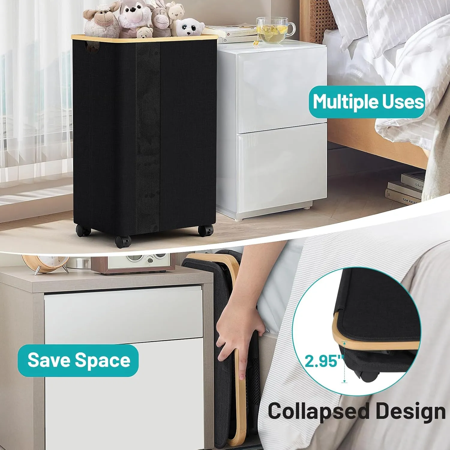 BlissTotes Laundry Basket Laundry Hamper with Lid, Collapsible Slim Laundry Hampers, Laundry Bin, Clothes Hamper Basket with Internal Support & Wheels & Handles for Bathroom, Bedroom (75L, Black)