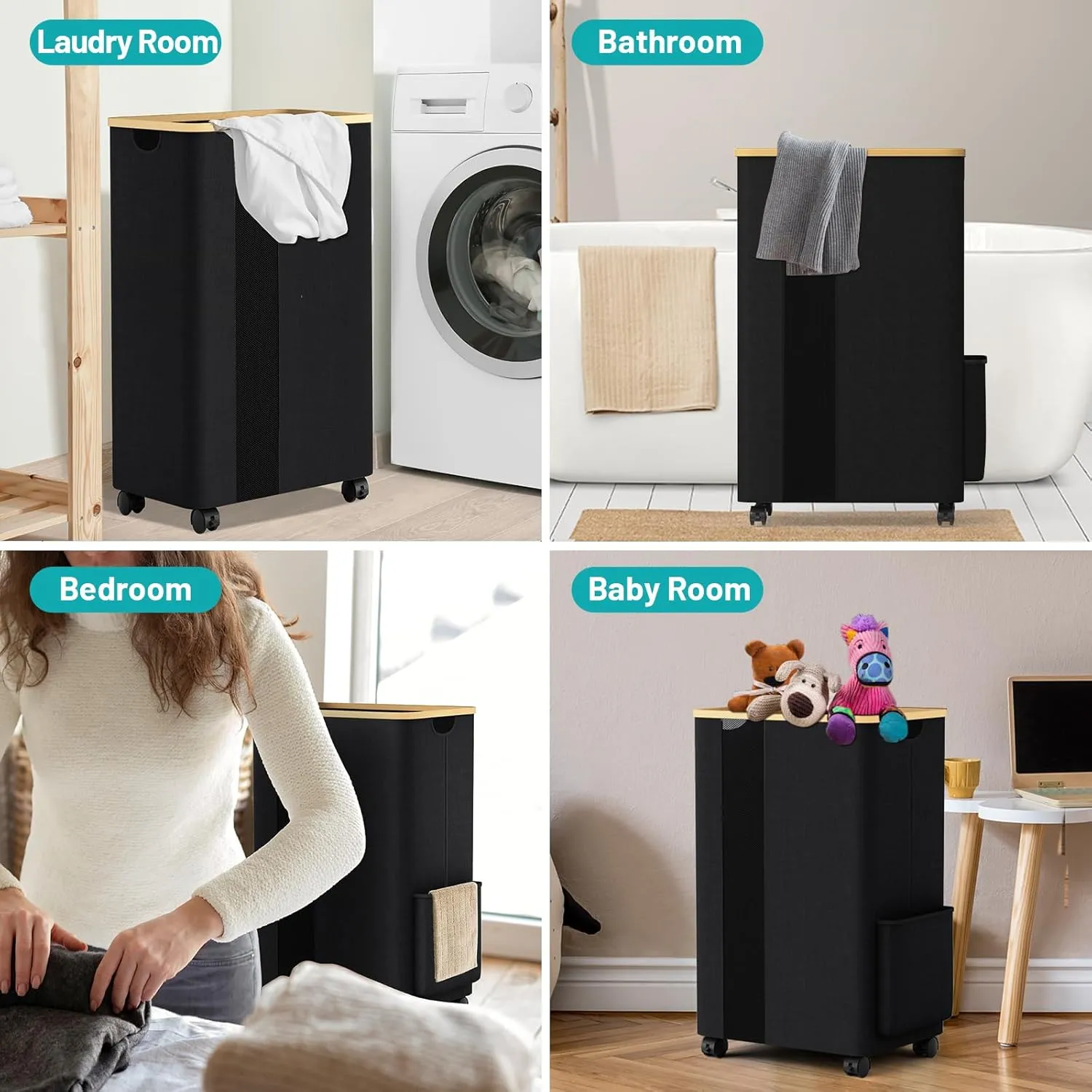 BlissTotes Laundry Basket Laundry Hamper with Lid, Collapsible Slim Laundry Hampers, Laundry Bin, Clothes Hamper Basket with Internal Support & Wheels & Handles for Bathroom, Bedroom (75L, Black)
