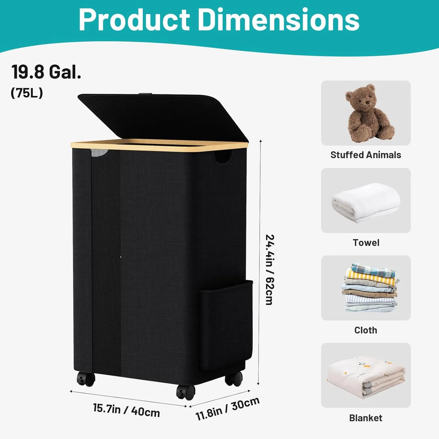 BlissTotes Laundry Basket Laundry Hamper with Lid, Collapsible Slim Laundry Hampers, Laundry Bin, Clothes Hamper Basket with Internal Support & Wheels & Handles for Bathroom, Bedroom (75L, Black)