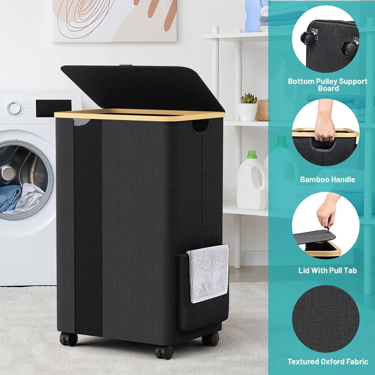 BlissTotes Laundry Basket Laundry Hamper with Lid, Collapsible Slim Laundry Hampers, Laundry Bin, Clothes Hamper Basket with Internal Support & Wheels & Handles for Bathroom, Bedroom (75L, Black)
