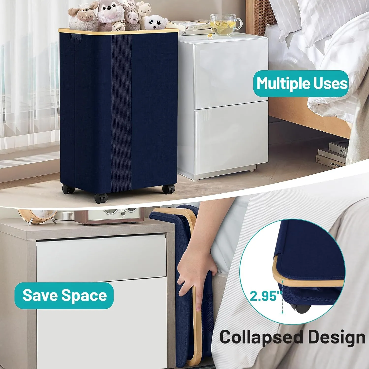 BlissTotes Laundry Basket Laundry Hamper with Lid, Collapsible Slim Laundry Hampers, Laundry Bin, Clothes Hamper Basket with Internal Support & Wheels & Handles for Bathroom, Bedroom (75L, Navy Blue)