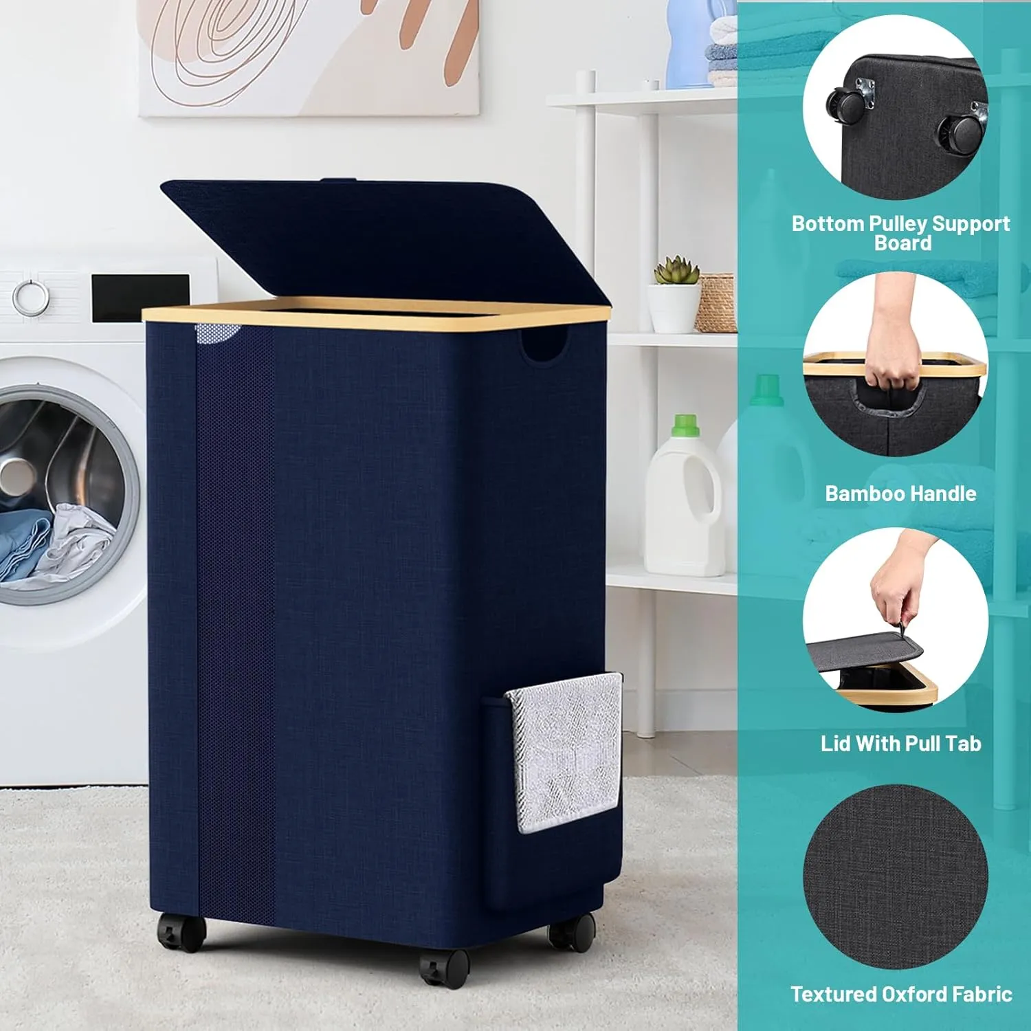 BlissTotes Laundry Basket Laundry Hamper with Lid, Collapsible Slim Laundry Hampers, Laundry Bin, Clothes Hamper Basket with Internal Support & Wheels & Handles for Bathroom, Bedroom (75L, Navy Blue)