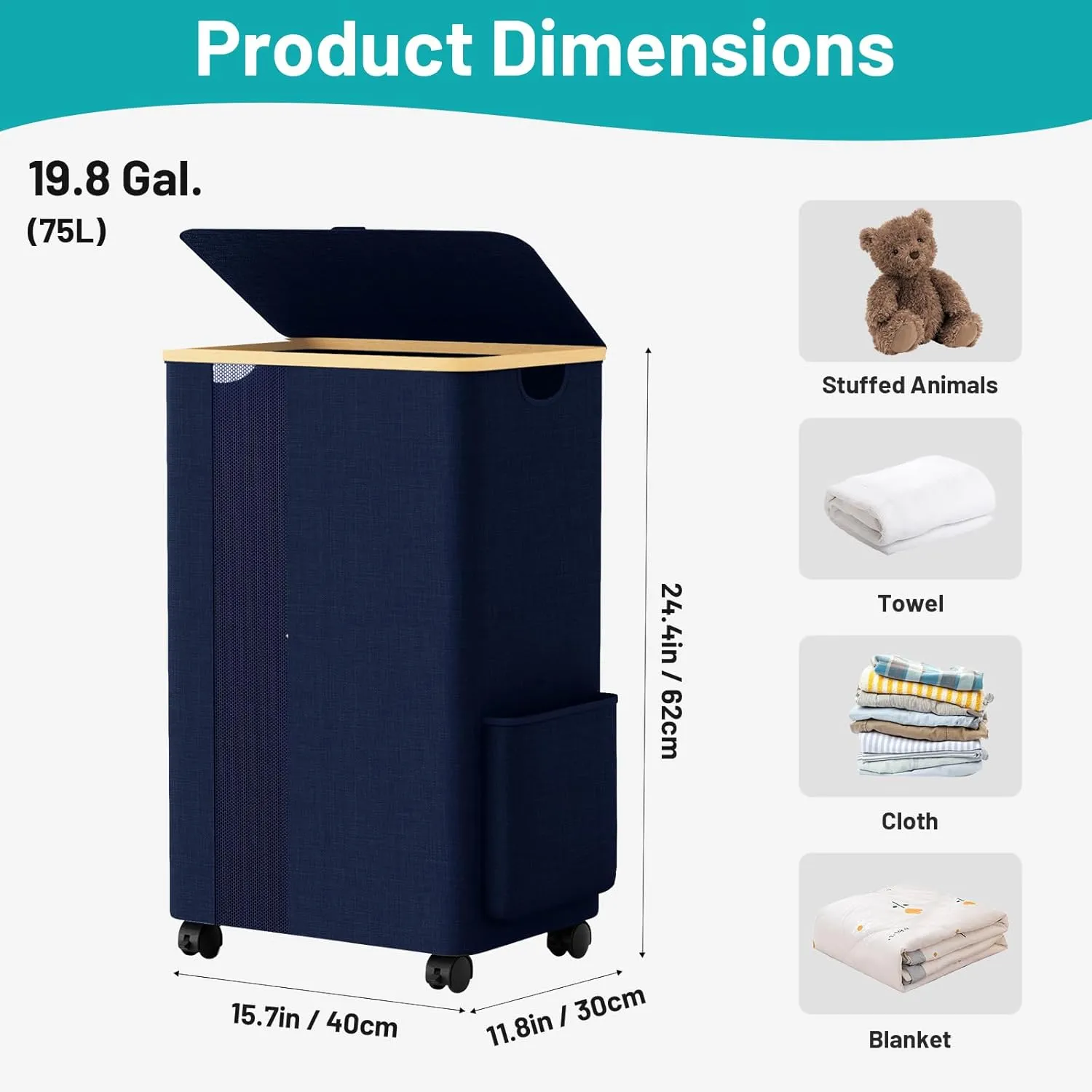 BlissTotes Laundry Basket Laundry Hamper with Lid, Collapsible Slim Laundry Hampers, Laundry Bin, Clothes Hamper Basket with Internal Support & Wheels & Handles for Bathroom, Bedroom (75L, Navy Blue)