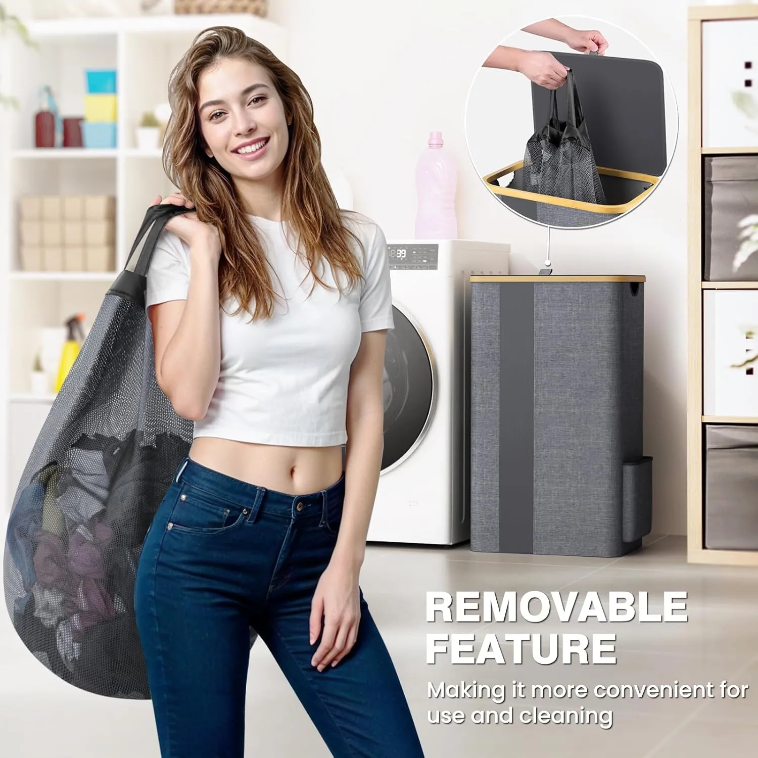 BlissTotes Laundry Basket with Lid, 100L Clothes Laundry Hamper with Handles and Removable Laundry Bag, Breathable Design Hamper with Lid for Bedroom, Bathroom, Dorm, Laundry Room - Light Grey
