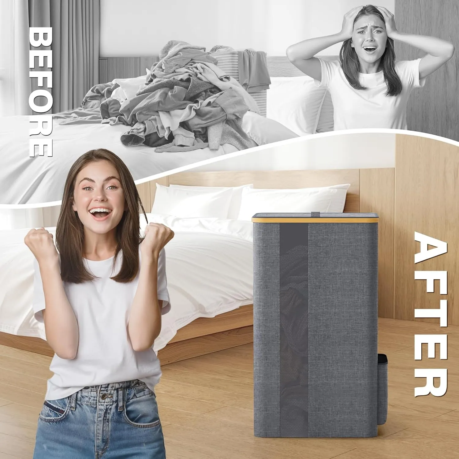 BlissTotes Laundry Basket with Lid, 100L Clothes Laundry Hamper with Handles and Removable Laundry Bag, Breathable Design Hamper with Lid for Bedroom, Bathroom, Dorm, Laundry Room - Light Grey