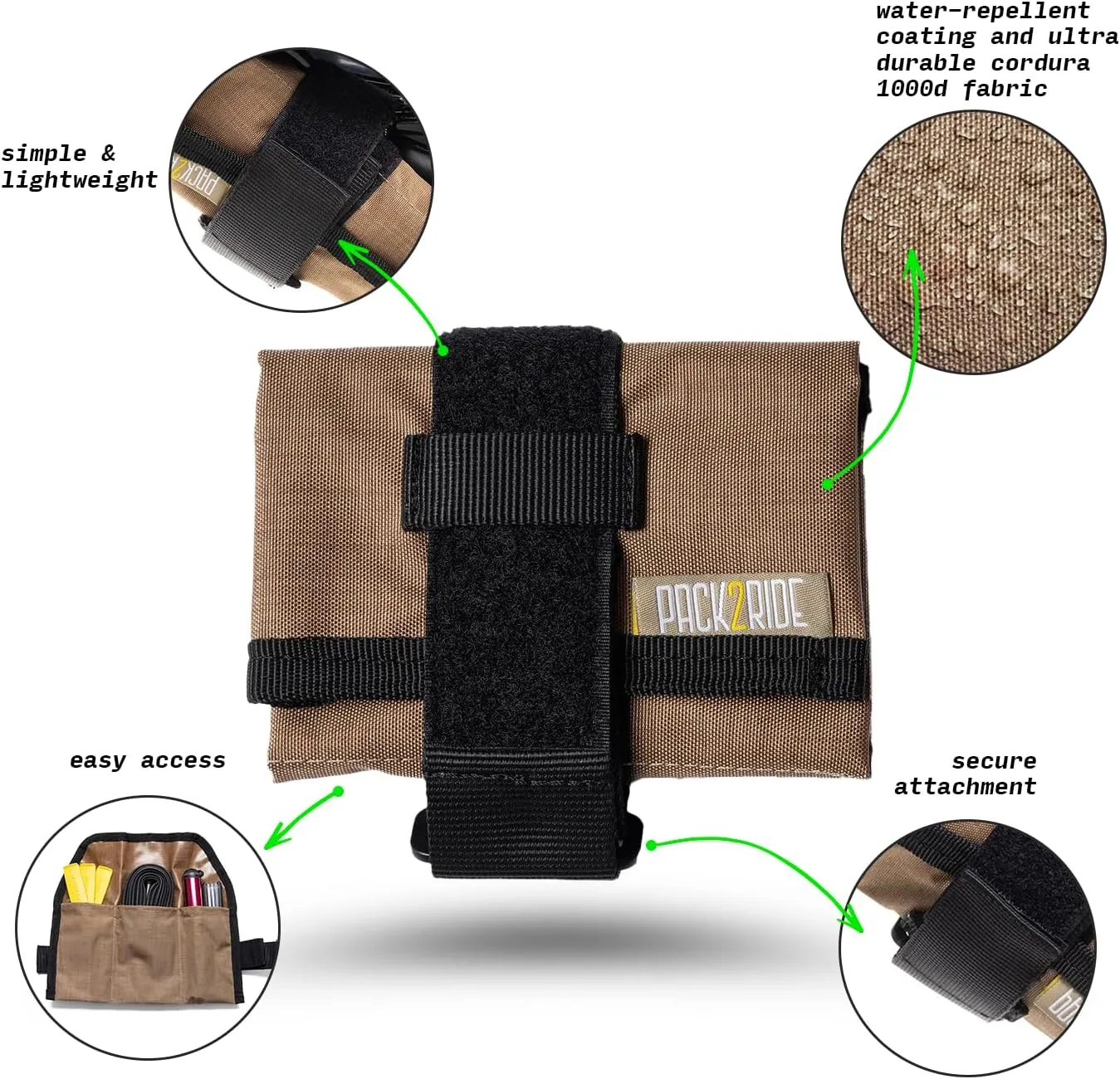 Blossom Bike Saddle Roll Bag - Water Resistant, Durable Cordura Fabric & Bicycle Tool Kit Holder - Under Seat Storage, Bike Pouch, Seat Roll for Road, Gravel Cycling (Tan)