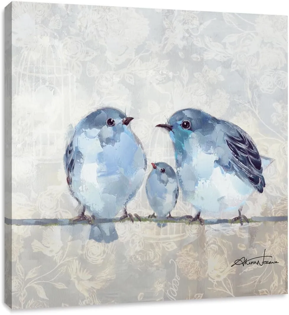Blue Gray Bird Wall Art, Love Animal Picture Print on Canvas for Bathroom Kids Room Decor 12" x 12"