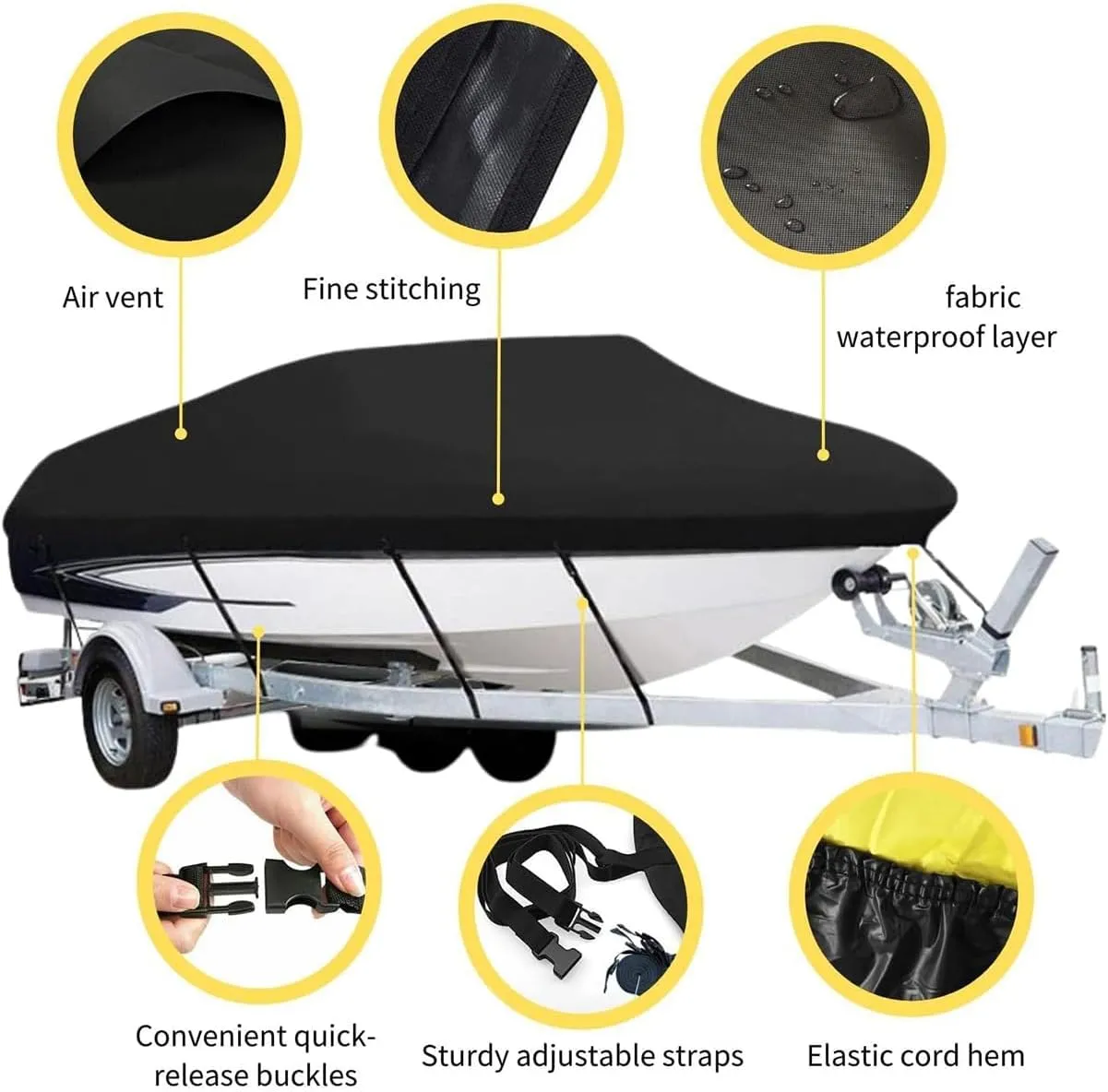 Boat Covers,14-16FT 210D Boat Cover,530 * 290cm Heavy Duty Waterproof UV Marine Grade Oxford Fabric fits V-Hull,Durable and Tear Proof, Fishing Ski Pro-Style Bass Boats,Black