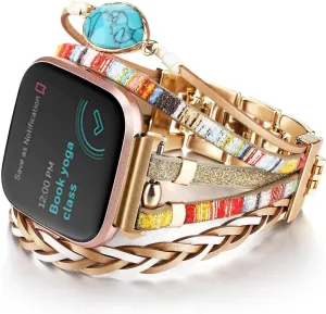 Boho Leather Bracelet Compatible with Fitbit Versa 4/Versa 3/Sense/Sense 2 Bands for Women Men, Handmade Jewelry Multilayer Wrap Strap Replacement for Fitbit Smartwatch