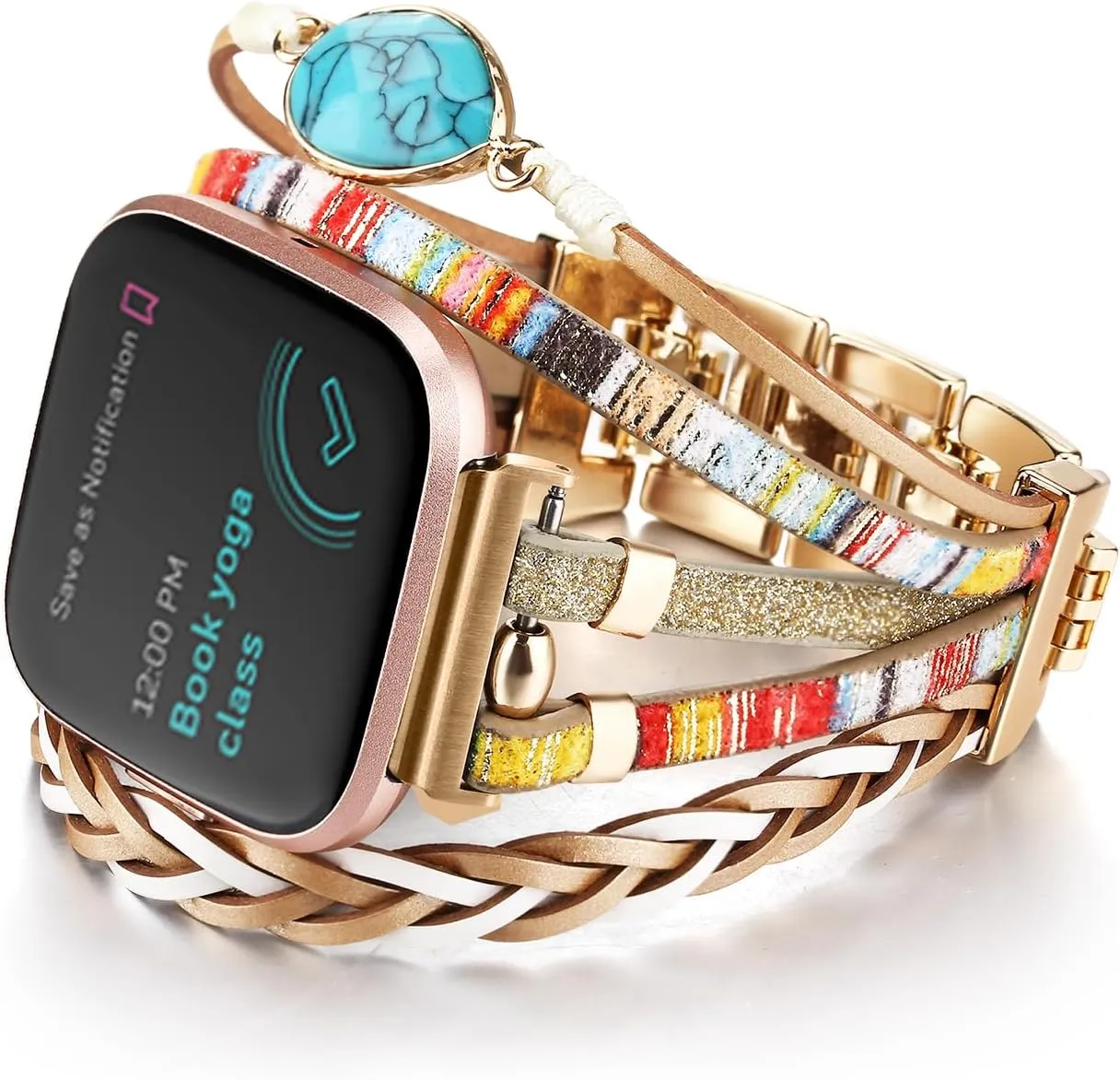 Boho Leather Bracelet Compatible with Fitbit Versa 4/Versa 3/Sense/Sense 2 Bands for Women Men, Handmade Jewelry Multilayer Wrap Strap Replacement for Fitbit Smartwatch
