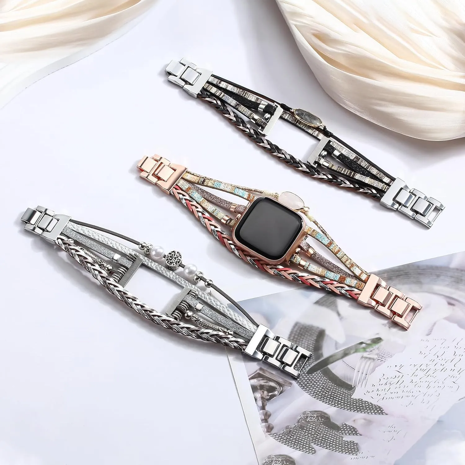 Boho Leather Bracelet Compatible with Fitbit Versa 4/Versa 3/Sense/Sense 2 Bands for Women Men, Handmade Jewelry Multilayer Wrap Strap Replacement for Fitbit Smartwatch